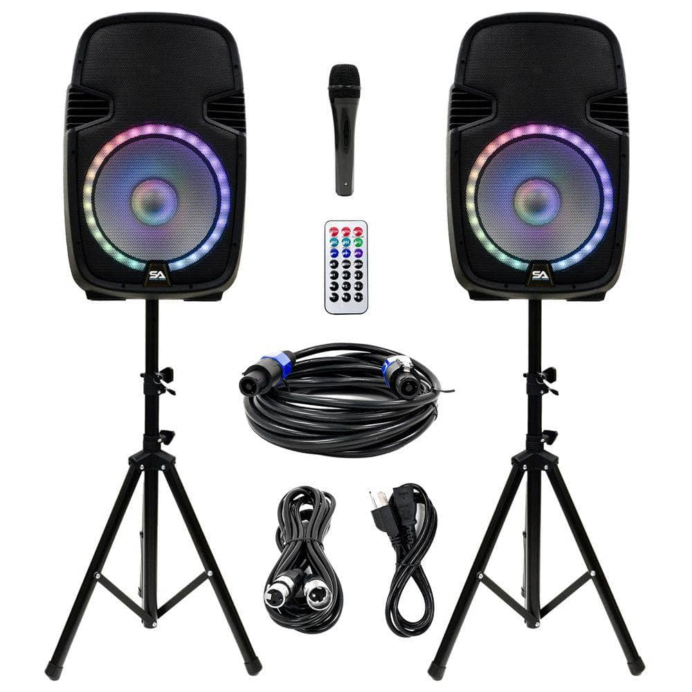 Pair of 15 Inch DJ Karaoke Party Speakers with Stands and LED